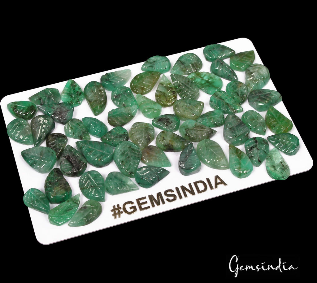 Certified 82 Ct/55 Pcs Natural Untreated Green Emerald Leaf Hand Carved Gems