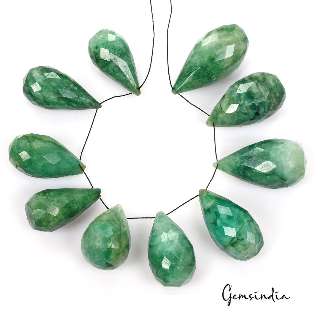 600 Cts/10 Pcs Natural Green Emerald Gem Pear Checker Cut Drill Bead/Briolettes