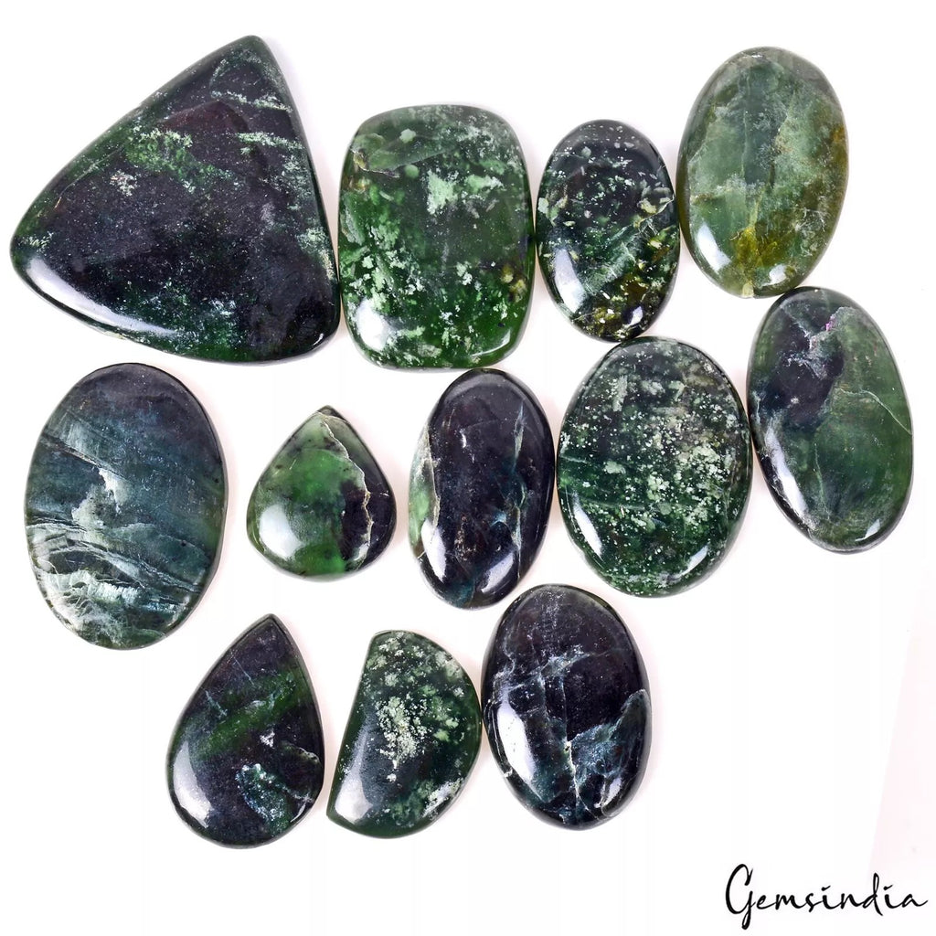 Serpentine Lot, Cabochon, Oval, Pear, Cushion & Fancy Cabochon Gemstone, Untreated — 12 Pieces, 25mm to 47mm, 530 Ct