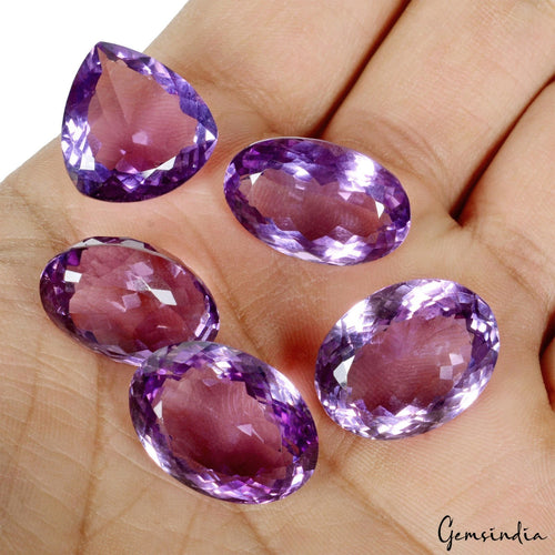 Amethyst Lot, Loose Gemstone, Oval & Pear Cut, Untreated — 5 Pieces, 18mm to 20mm, 91.20 Ct, Brazil