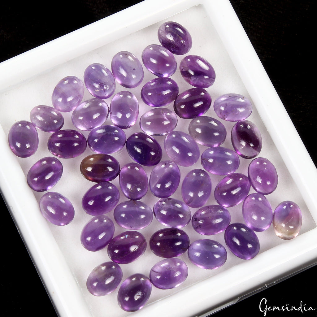 43 Pcs Natural Amethyst Purple Oval Cabochon 7mm-8mm Untreated Loose Gemstones