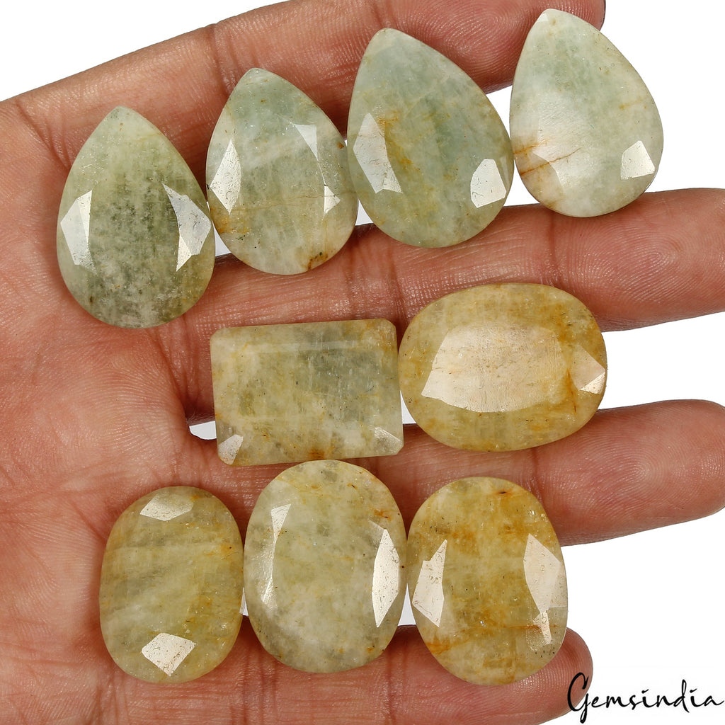 350 Ct/9 Pcs Natural Green Yellow Beryl Aquamarine Mix Cut Loose Certified Gems