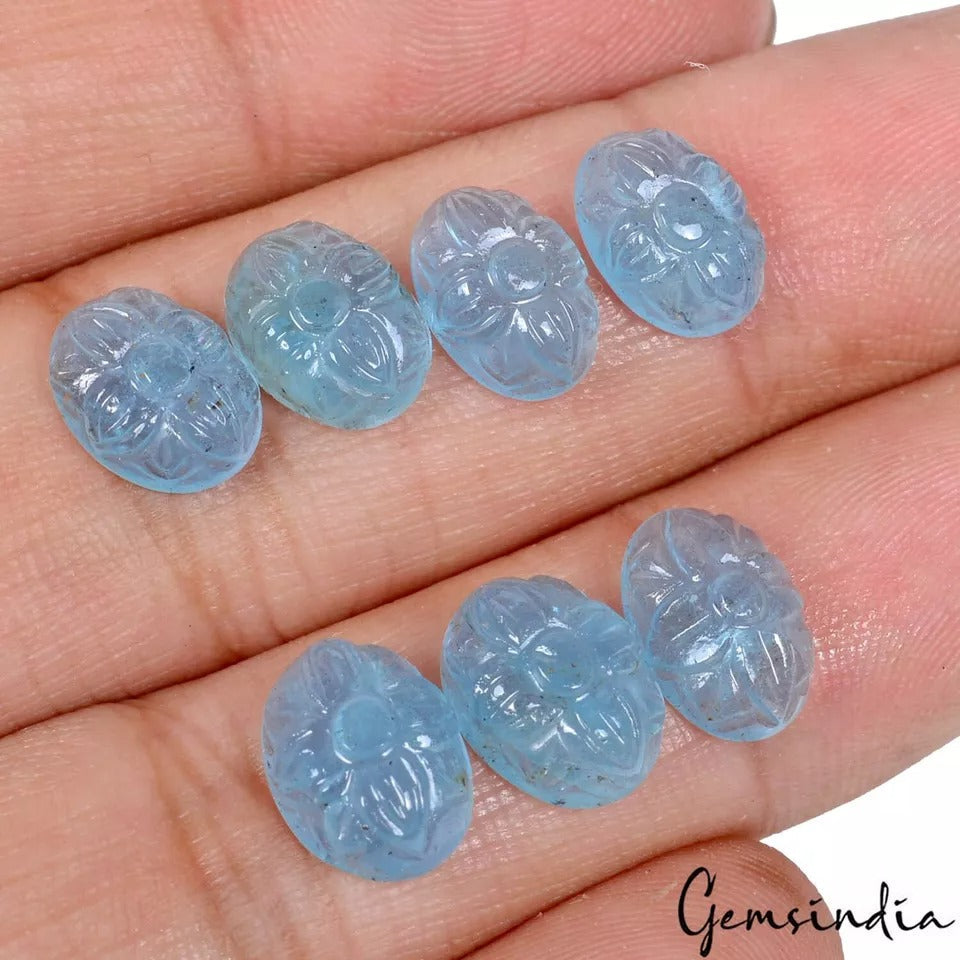 17.20 Ct/7 Pcs Natural Untreated Blue Aquamarine Oval Hand Carved Loose Gems Lot