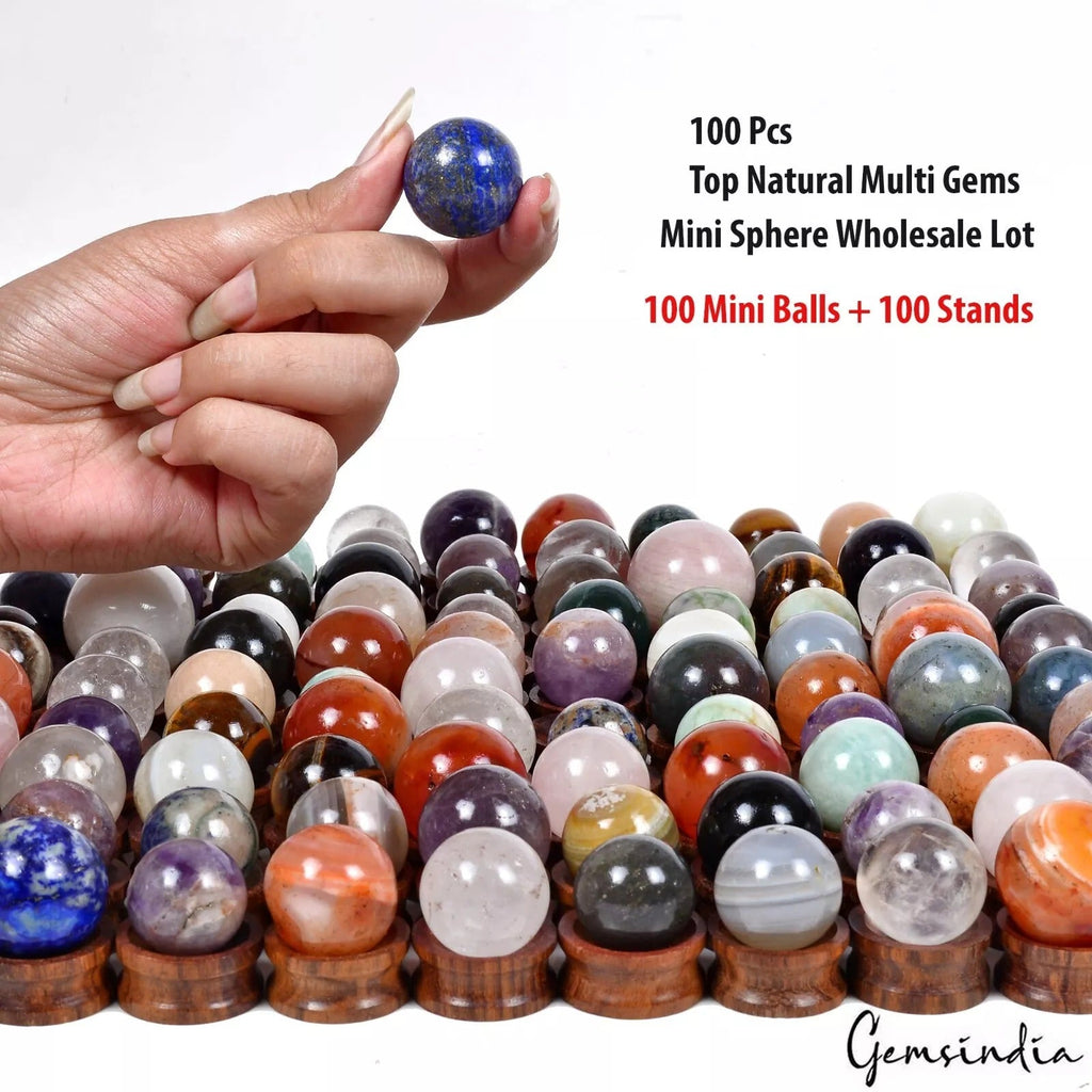 100 Mini Crystal Ball w/Stand~Rare Multigems Sphere Lot For Healing & Home Decor