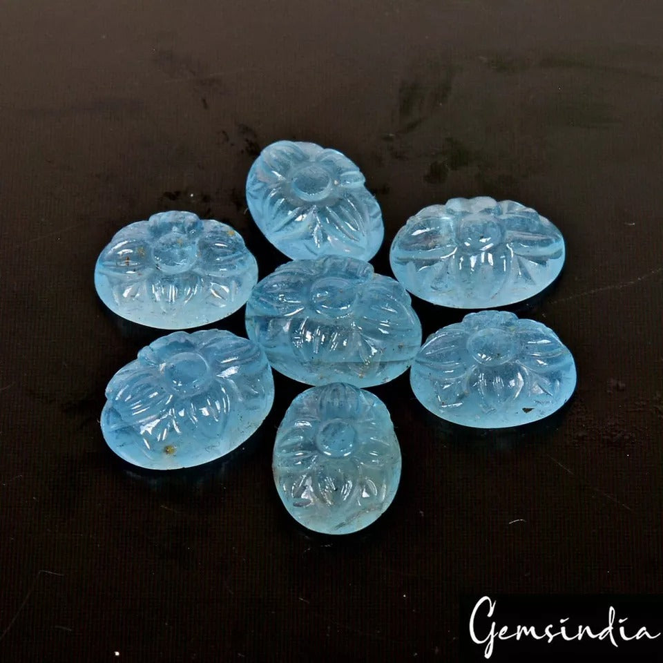 17.20 Ct/7 Pcs Natural Untreated Blue Aquamarine Oval Hand Carved Loose Gems Lot