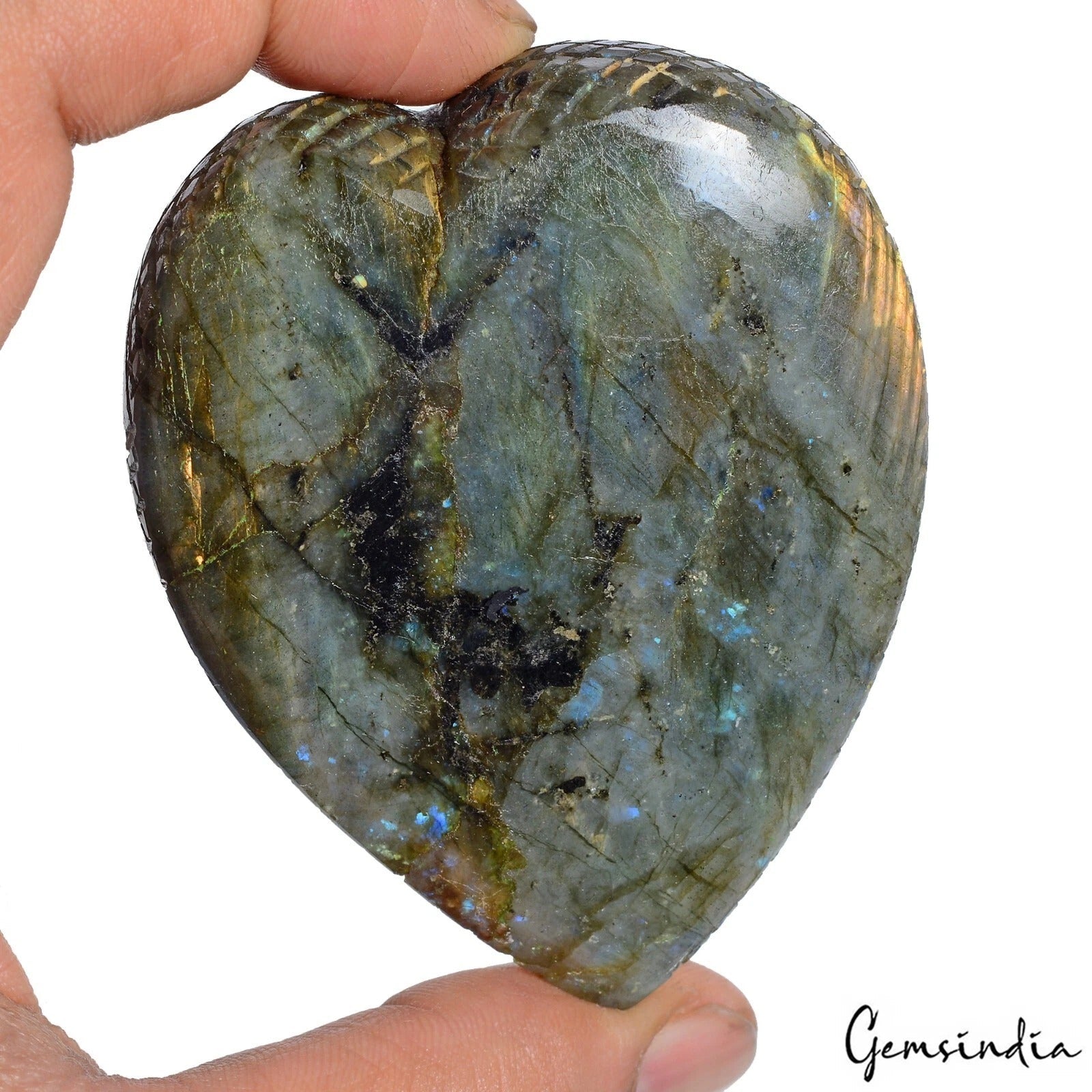 Natural Golden Fire Labradorite Hand Carved Heart Shape Certified Gem~1030 Cts