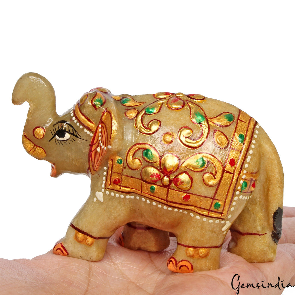 830 Ct Hand Crafted Gold Painted Trunk Up Elephant Natural Aventurine Sculpture