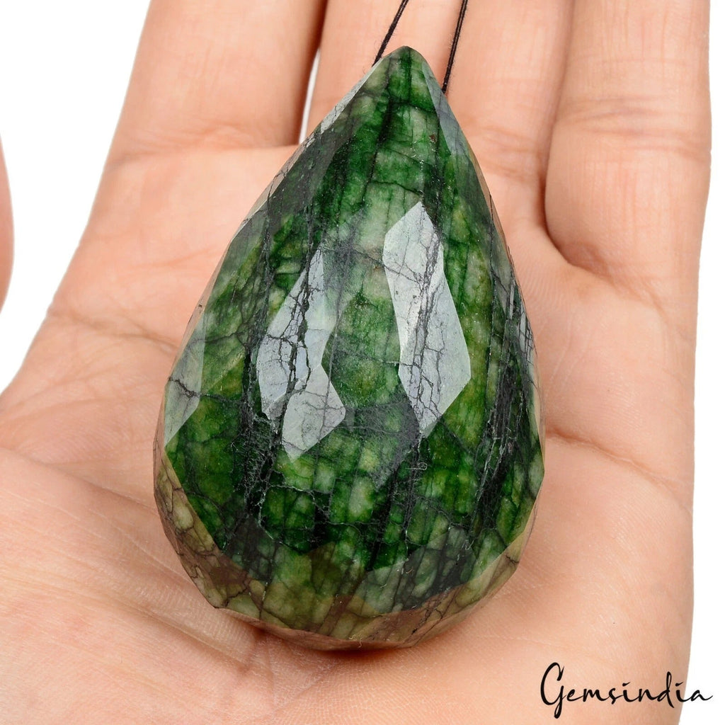 600 Cts Natural Brazilian Green Emerald Pear Checker Cut Drill Briolette 63*39mm