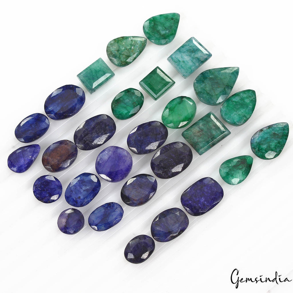 300 Cts/28 Pcs Natural Blue Beryl Green Emerald Mixed Cut Gems Lot For Jewelry