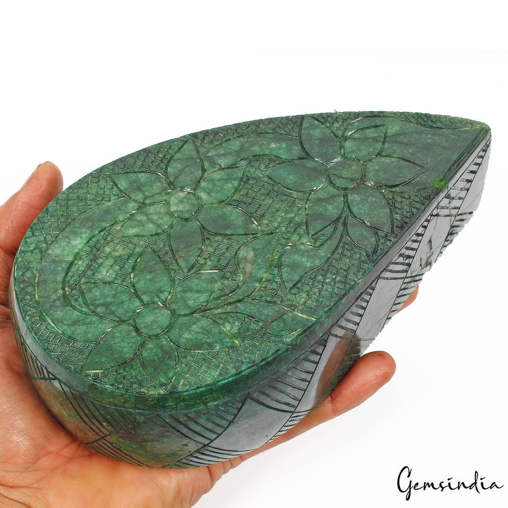 Certified 1.73Kg Natural Brazilian Green Dark Emerald Pear Carved Loose Huge Gem