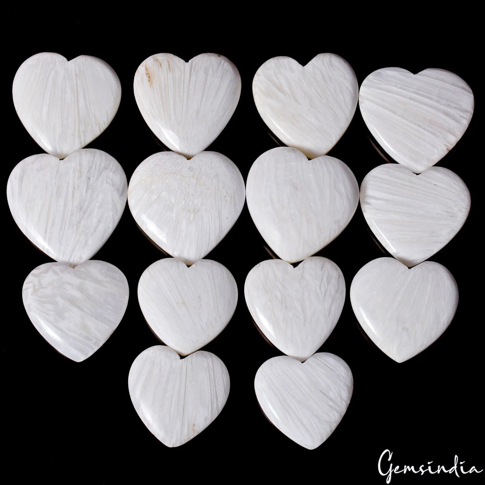14 Pcs Heart Shape White Selenite Healing Crystal Natural Pocket Stones 1430 Cts