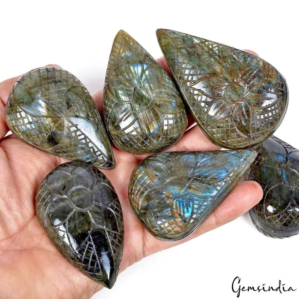 6 Pcs Natural Labradorite 63mm-76mm Hand Carving Flashy Untreated Gemstones Lot