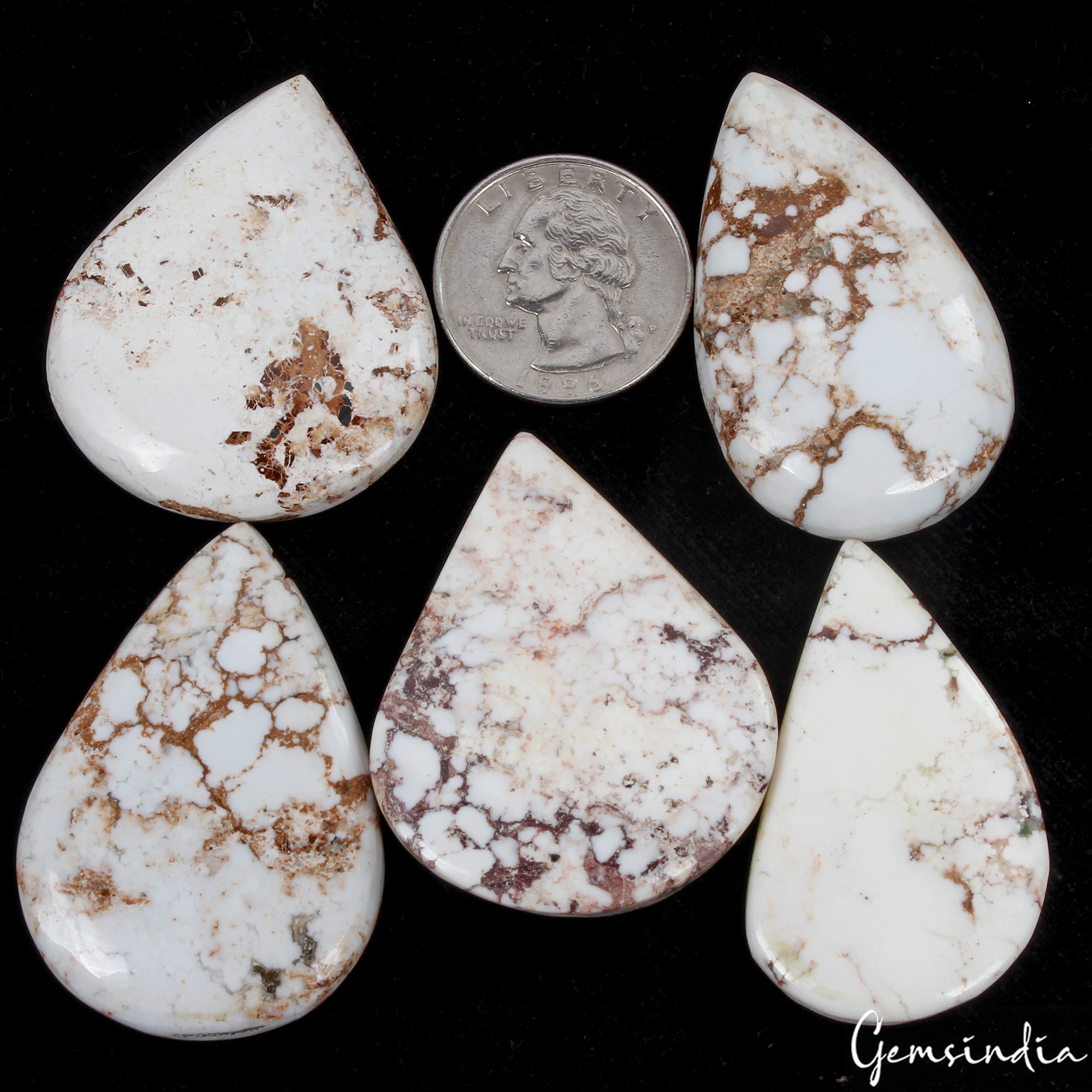 350 Ct/5 Pcs Natural Untreated Nevada White Buffalo Turquoise Pear Gemstones Lot