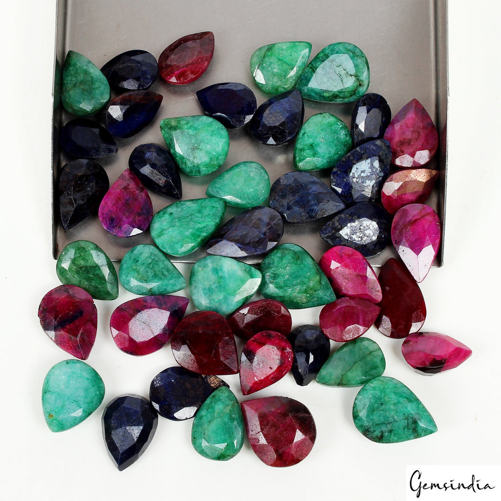 470 Ct Natural Multi Emerald Ruby Sapphire Pear Faceted Loose Gemstones 13-19mm