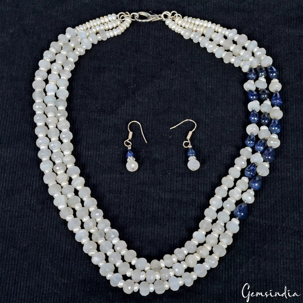 Designer Natural Moonstone Sapphire Pearl Beaded Handmade Jewelry Set 655.50 Cts