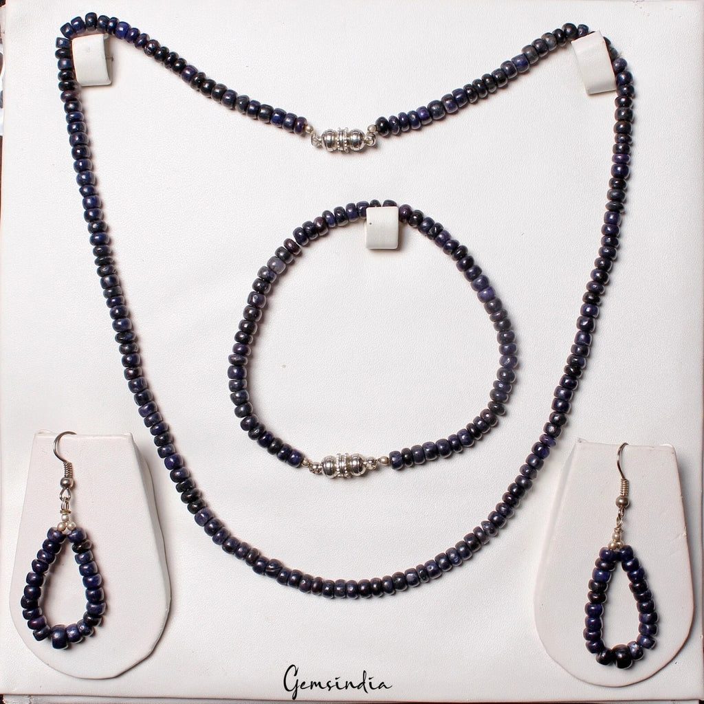 212 Cts Natural Dark Blue Sapphire Gems Round Cab Beaded Handmade Jewelry Set