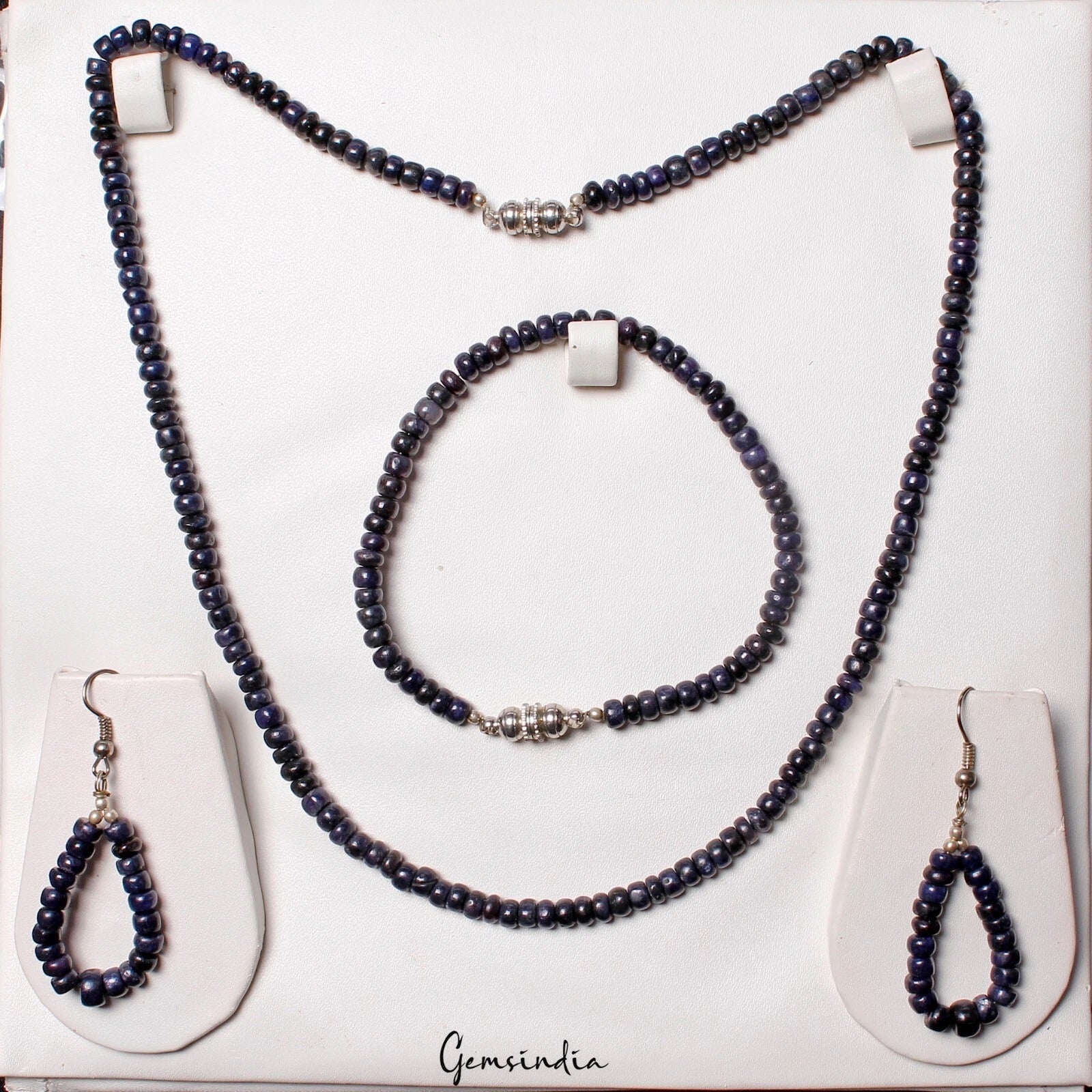 212 Cts Natural Dark Blue Sapphire Gems Round Cab Beaded Handmade Jewelry Set