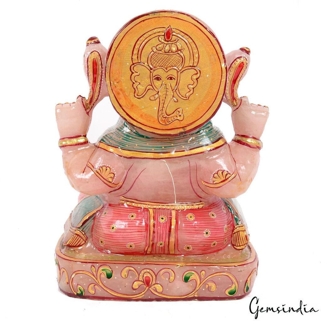 Large 4.1 Kilo Rose Quartz Hand Crafted Gold Painted Ganesha Home Idol Sculpture