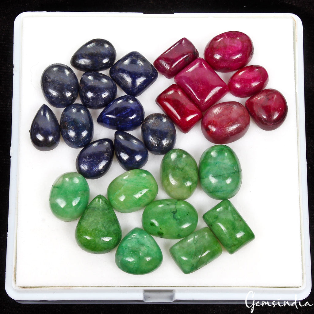 280Ct/26 Pc Natural Ruby Emerald Sapphire Mix Cabochon Loose Ring Size Gemstones