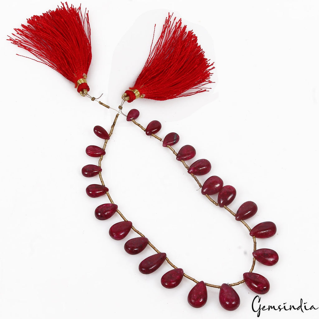 88.50 Cts/22 Pcs Natural Red Ruby Pear Cab Side Drilled Bead/Briolette Strand~9"