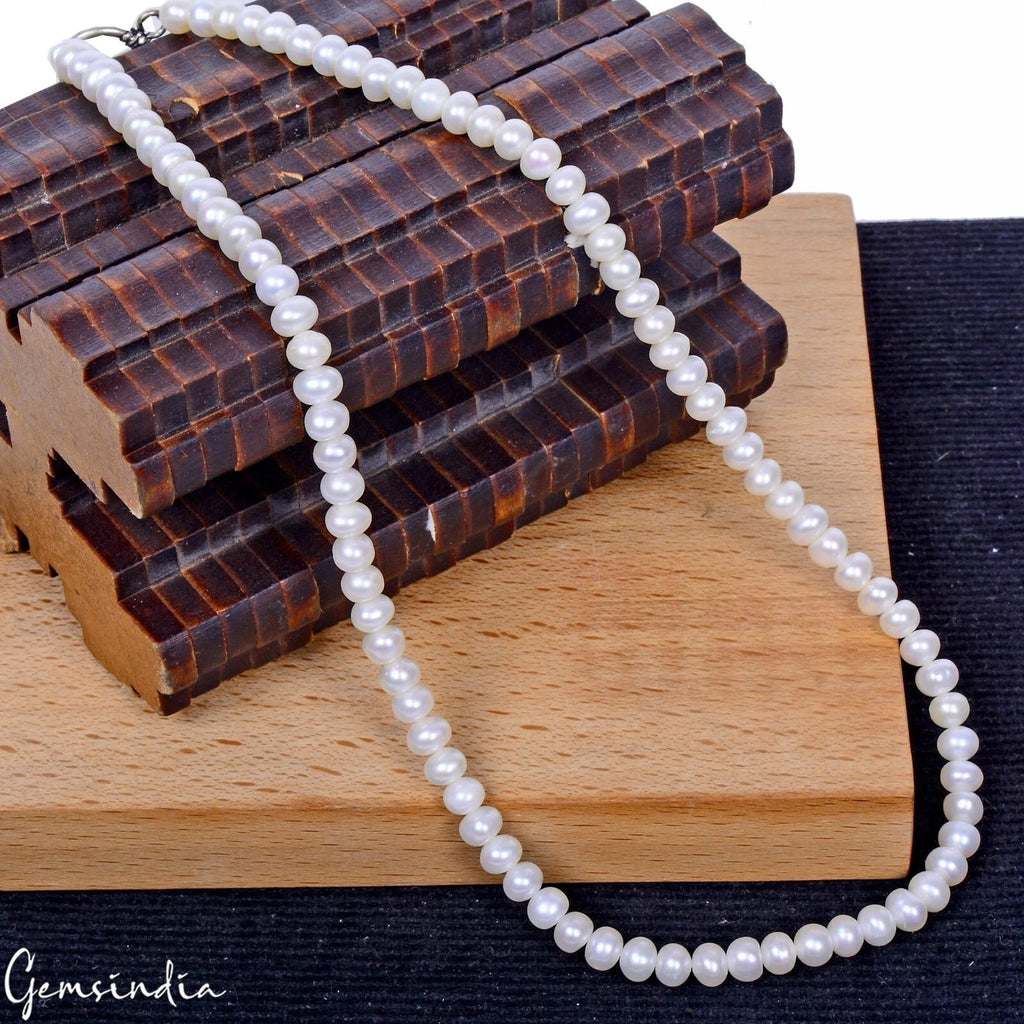 100 Cts Freshwater White Pearl Round Cab Beaded Handmade Single Strand Necklace