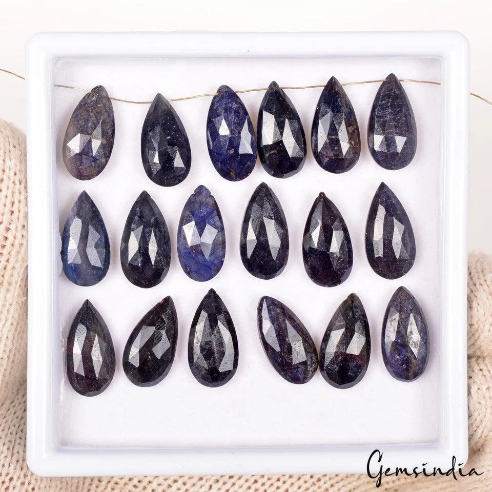 18 Pc Natural Blue Sapphire Pear Checker Cut 19x10mm Drill Bead Gems For Jewelry
