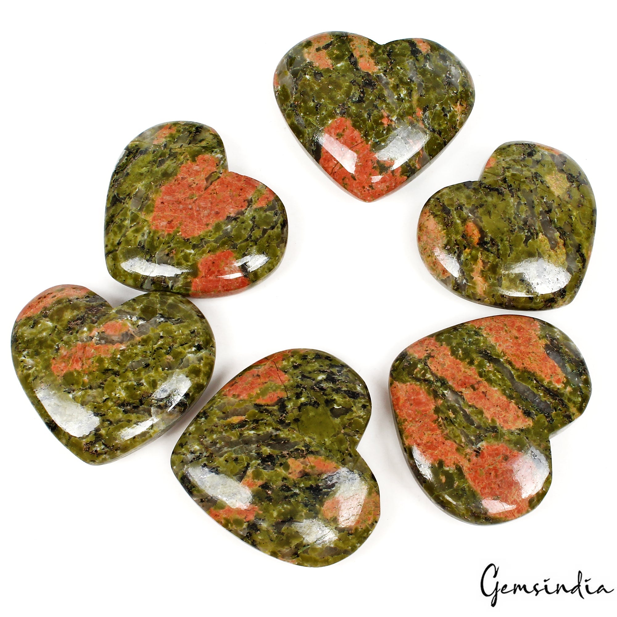 650 Ct/6Pcs Natural Untreated Bi-Color Unakite Jasper Heart Cab Gems for Jewelry