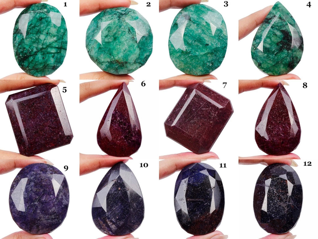 Emerald Lot, Loose Gemstone, Oval, Pear, Octagon Faceted Cut, Color Enhanced — 12 Pieces, 49mm to 76mm, 7220 Ct