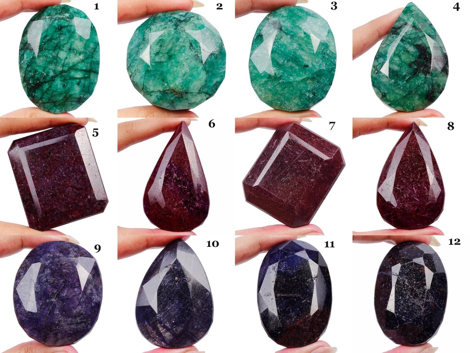 Emerald Lot, Loose Gemstone, Oval, Pear, Octagon Faceted Cut, Color Enhanced — 12 Pieces, 49mm to 76mm, 7220 Ct