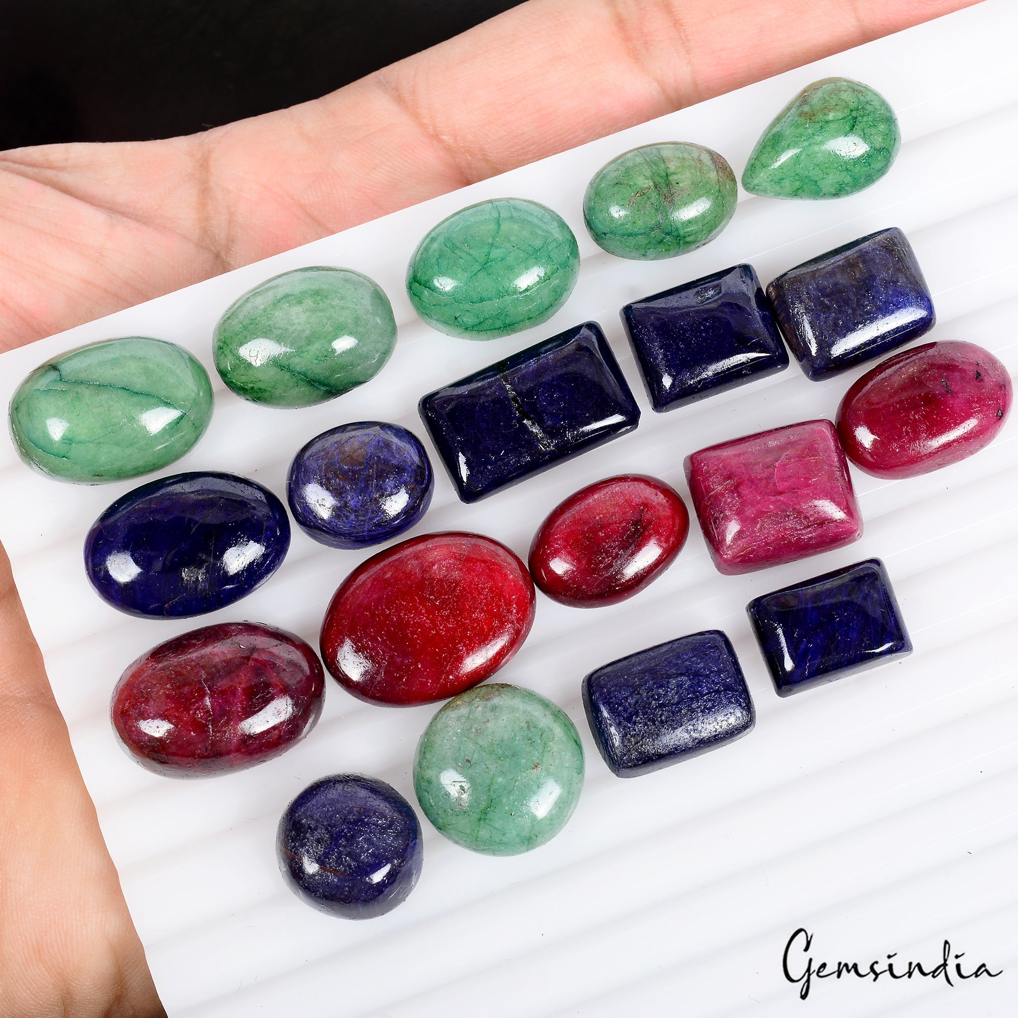 Certified 330 Cts/19 Pcs Natural Multi Color Emerald Ruby Sapphire Mix Cab Gems