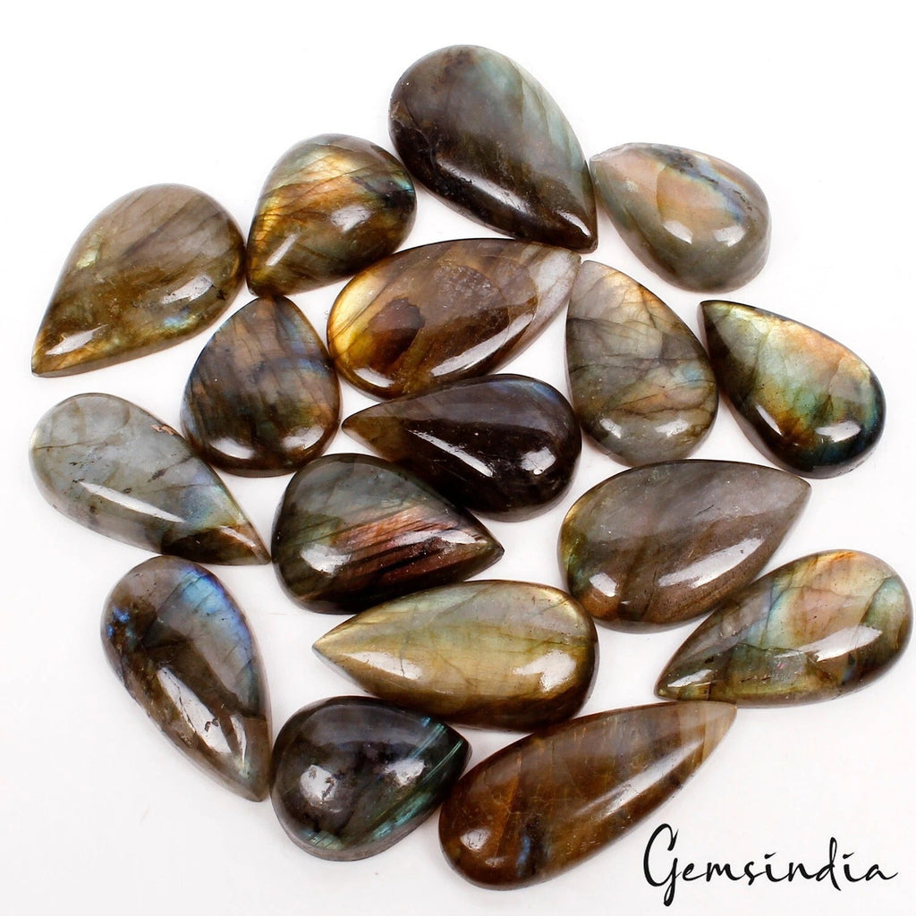 17 Pcs Natural Labradorite Pear Cabochon Loose Multi Shine Gemstones ~340 Cts