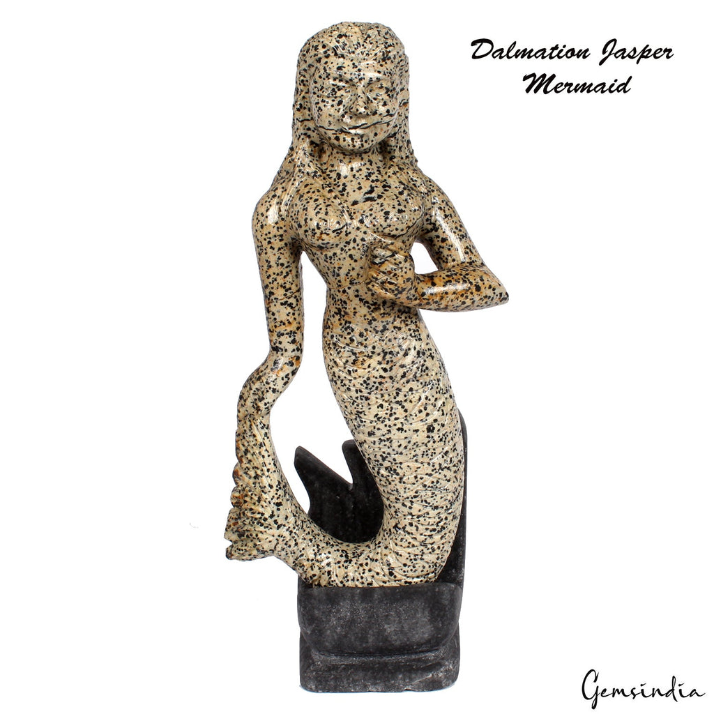 3.3 Kg Gorgeous Dalmation Jasper Mermaid Statue Handmade Figurine w Marble Stand