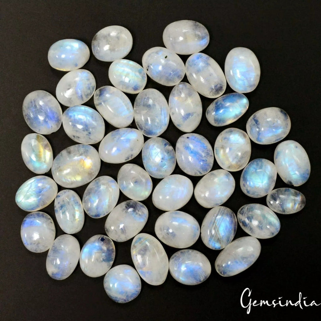 41 Pcs Natural Rainbow Moonstone 10-14mm Untreated Oval Cabochon Loose Gemstones
