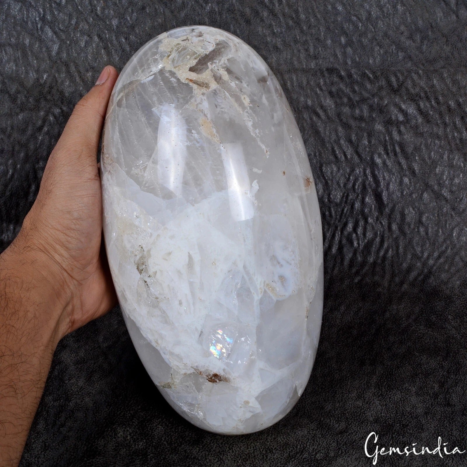 Large 9.75 inch White Quartz Crystal Lingam Handmade Oval Home Office Decorative