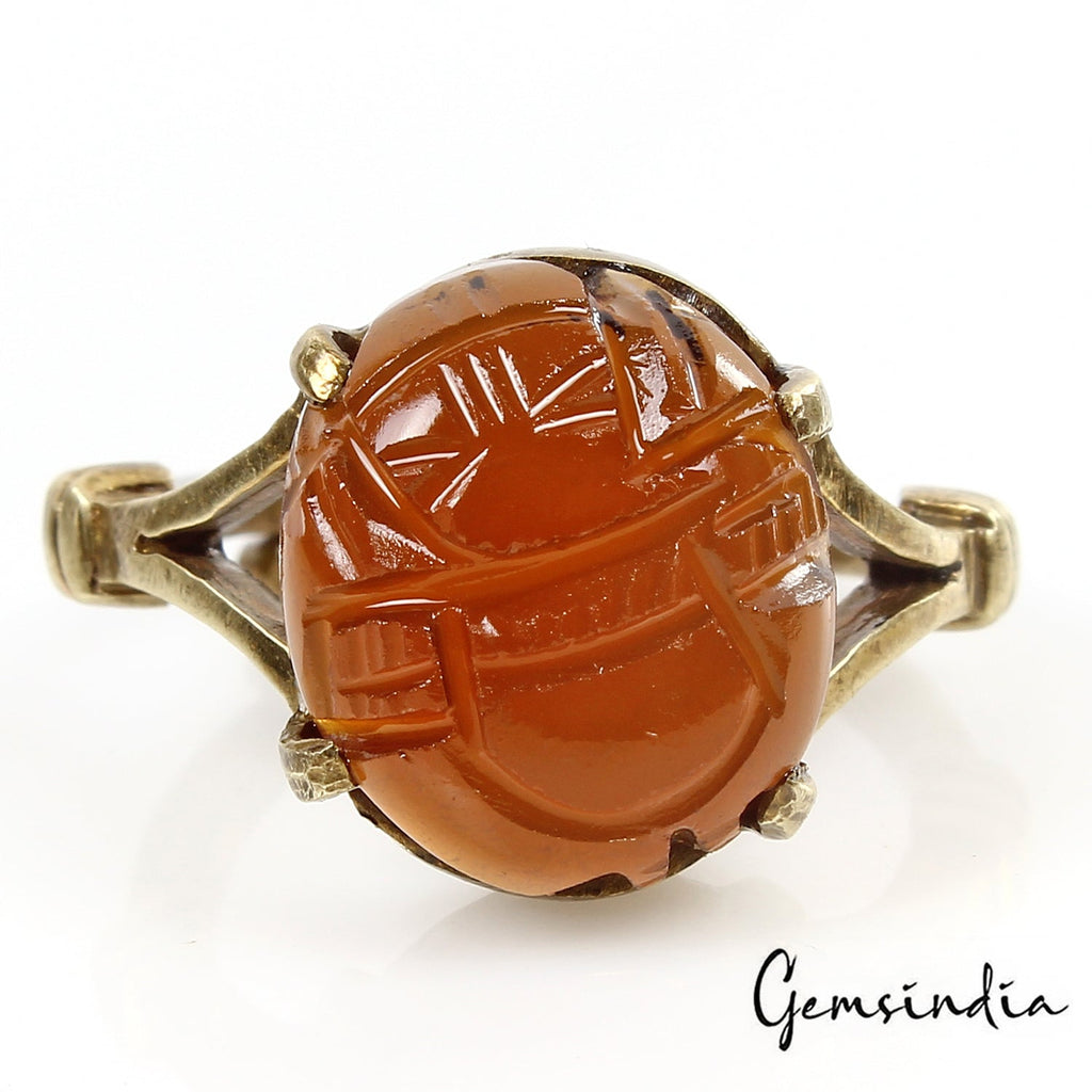 5.30 gm Orange Onyx Carved Ganesha Gem Ashtadhatu Astrological Adjustable Ring