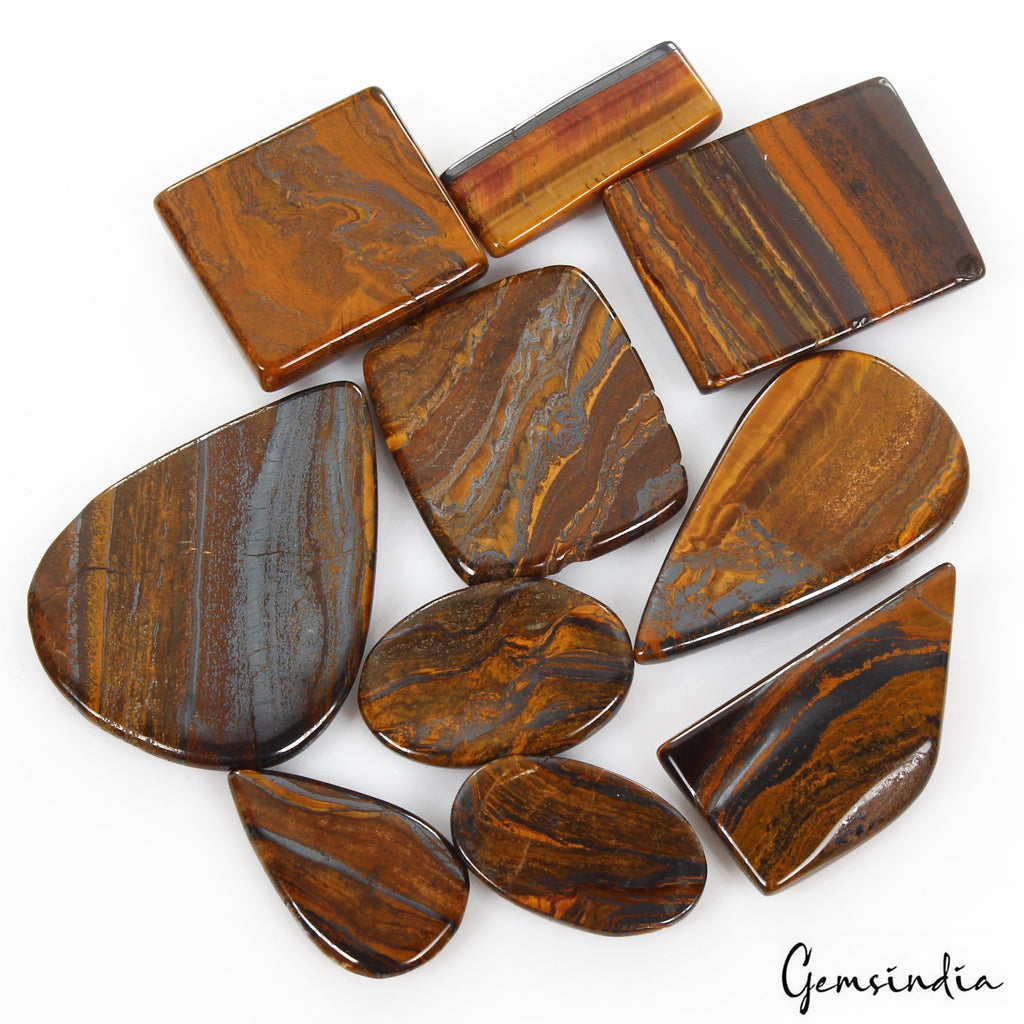 530 Cts/10 Pcs Natural Untreated Brown Iron Tiger Eye Mixed Cab Loose Gems Lot