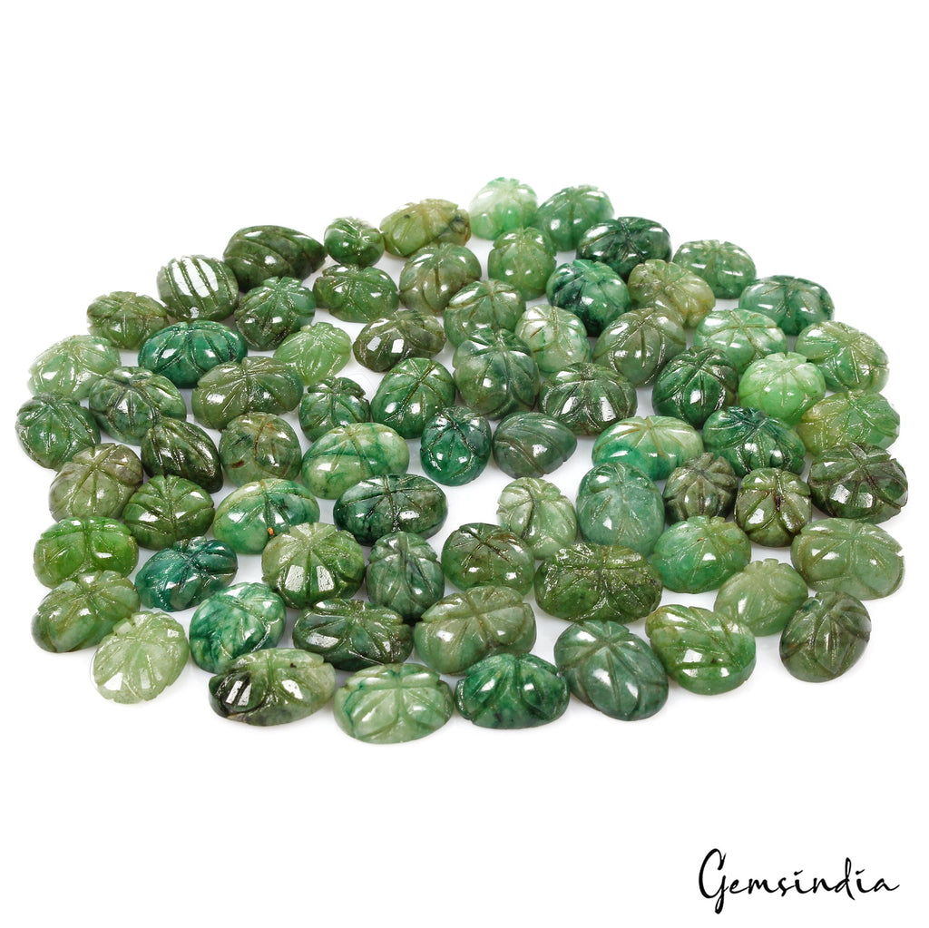 600 Cts/71 Pcs Natural Green Emerald Oval Hand Carved Loose Gems Lot For Jewelry
