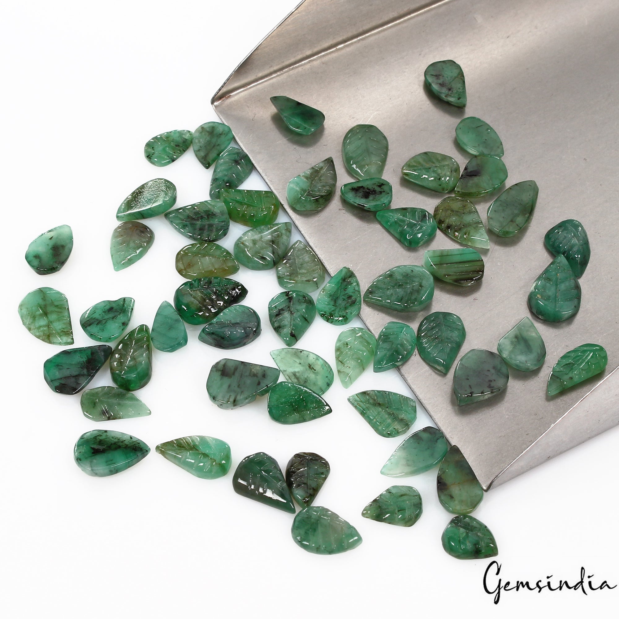 Certified 82 Ct/55 Pcs Natural Untreated Green Emerald Leaf Hand Carved Gems