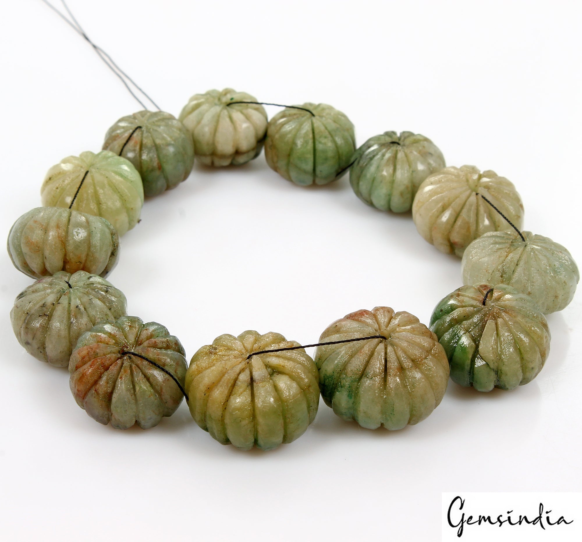 700 Cts Natural Green Emerald Melon Beads Drilled Carved Loose Gemstones 13 Pcs