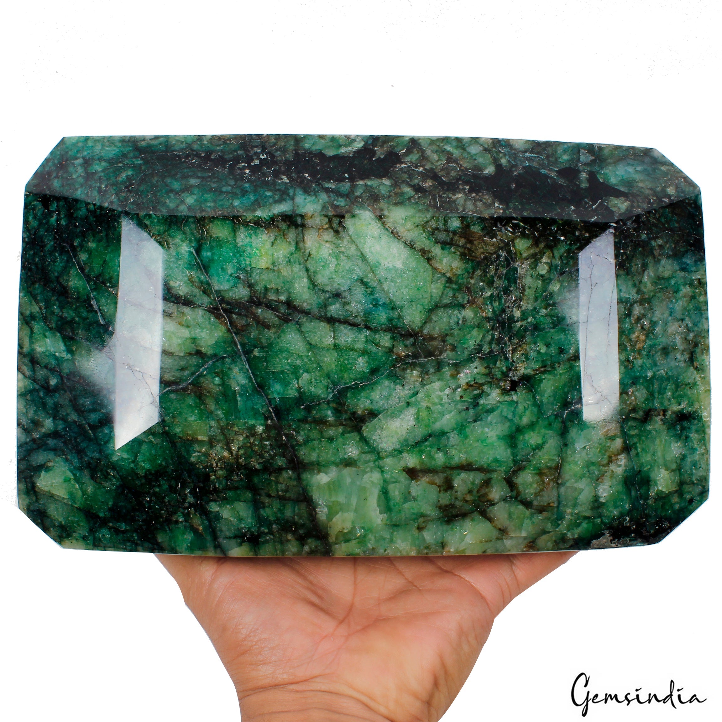 Large 6.7 Kg Natural Green Emerald Huge Octagon Cut Earth mined Gemstone W Stand