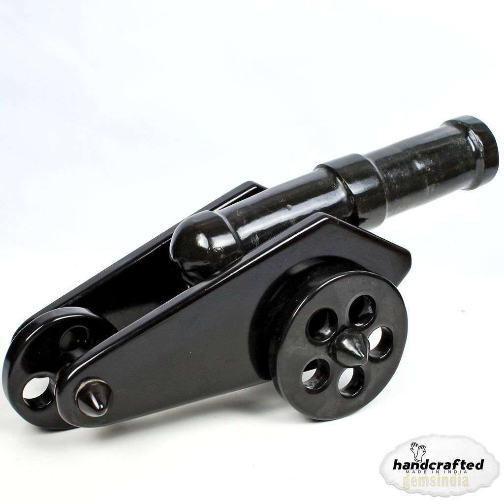 gemsindia Hand Carved Black Agate Carved Cannon with wheel play all stone joints