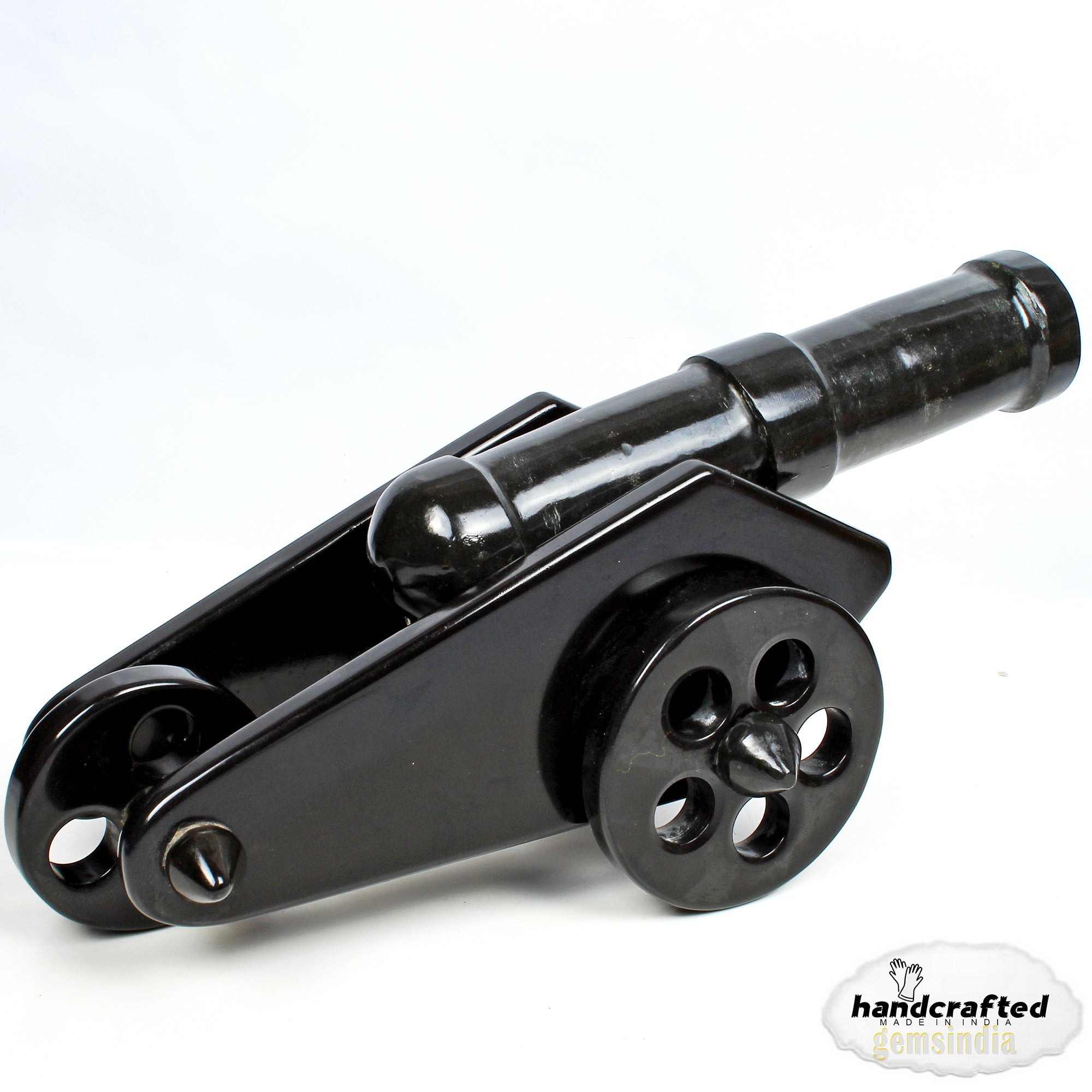 gemsindia Hand Carved Black Agate Carved Cannon with wheel play all stone joints