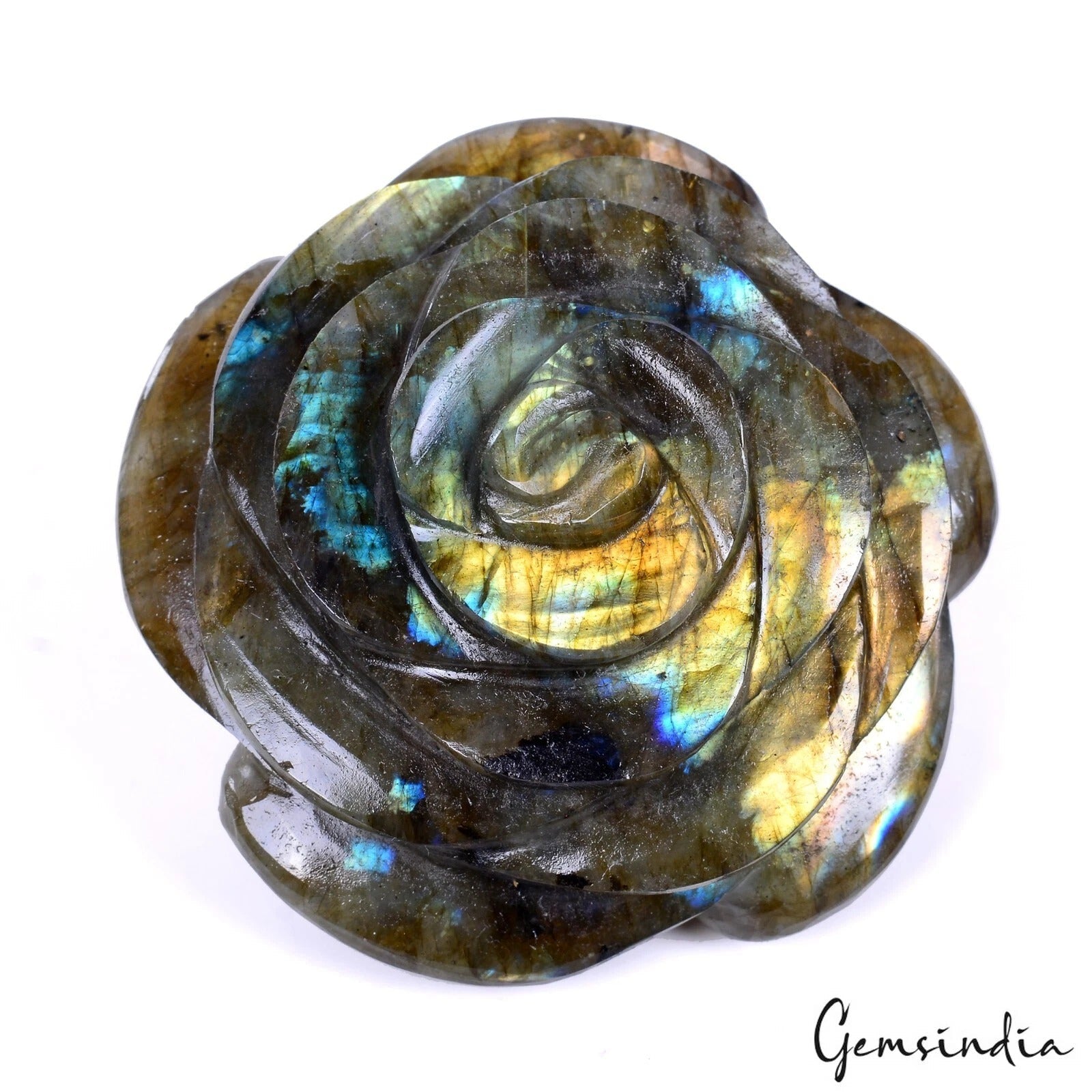 690 Cts Natural Yellow Blue Labradorite Rose Cut Flower Carving Loose Rare Gem
