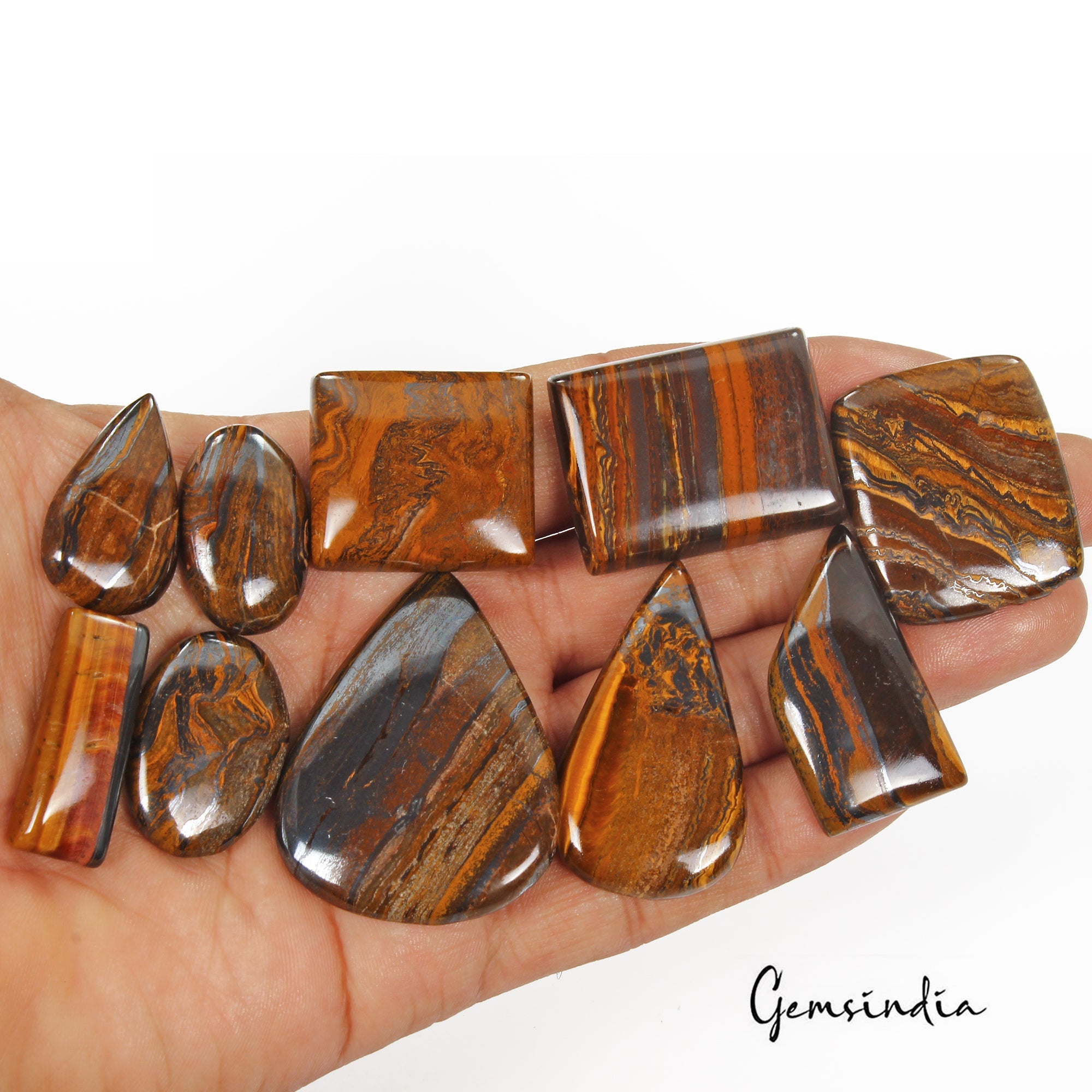 530 Cts/10 Pcs Natural Untreated Brown Iron Tiger Eye Mixed Cab Loose Gems Lot
