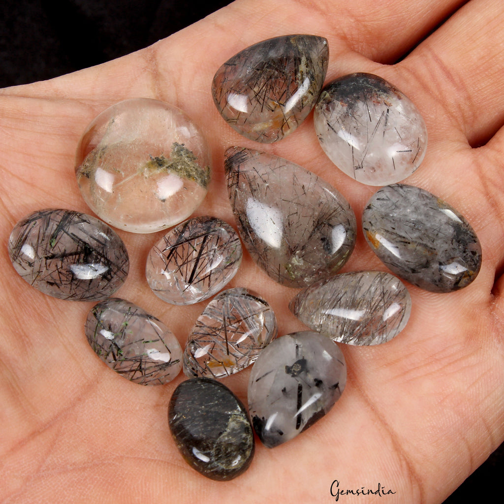 143.80Ct/12 Pcs Natural Untreated Black Wire Rutile Quartz Mix Cabochon Gemstone