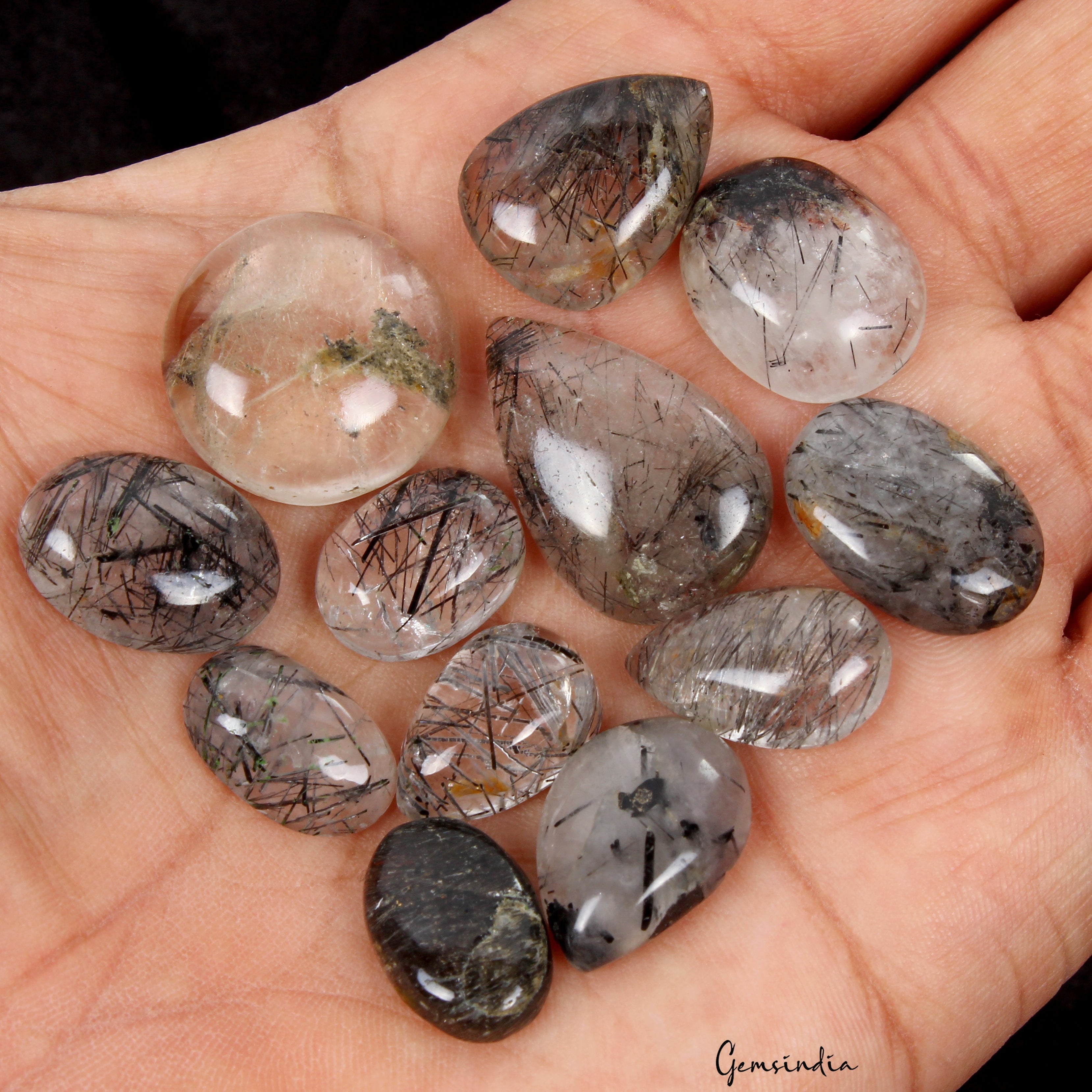 143.80Ct/12 Pcs Natural Untreated Black Wire Rutile Quartz Mix Cabochon Gemstone