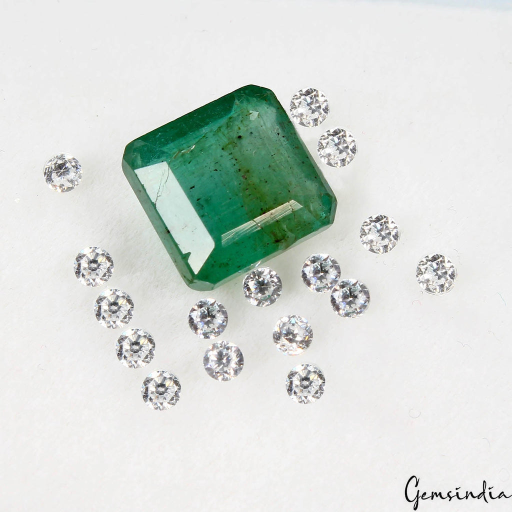 4.40 Ct Natural Green Emerald Octagon Cut & 16 White Round Diamonds 1.5mm Set
