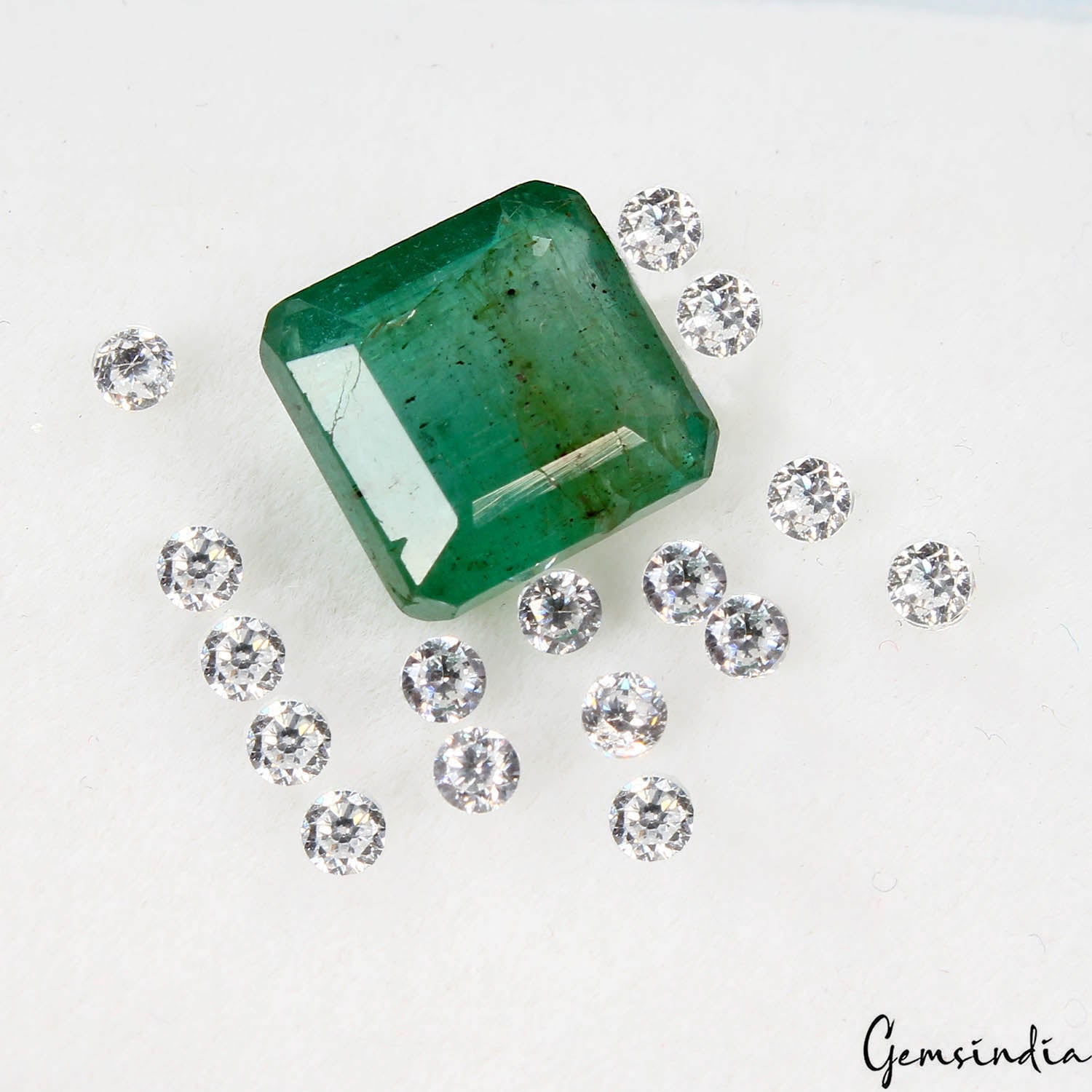 4.40 Ct Natural Green Emerald Octagon Cut & 16 White Round Diamonds 1.5mm Set