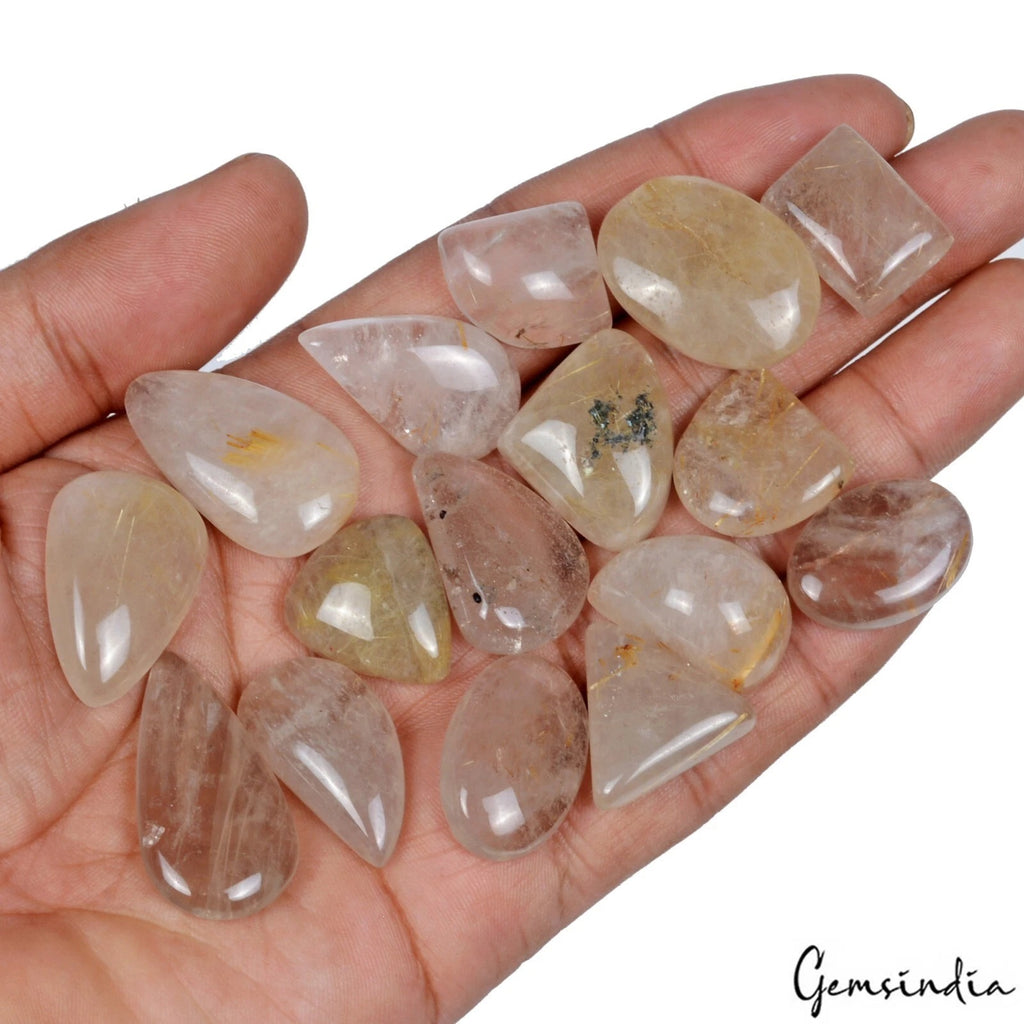 Golden Wire Rutile Quartz Lot, Cabochon, Untreated — 16 Pieces, 17mm to 33mm, 400 Ct, Madagascar