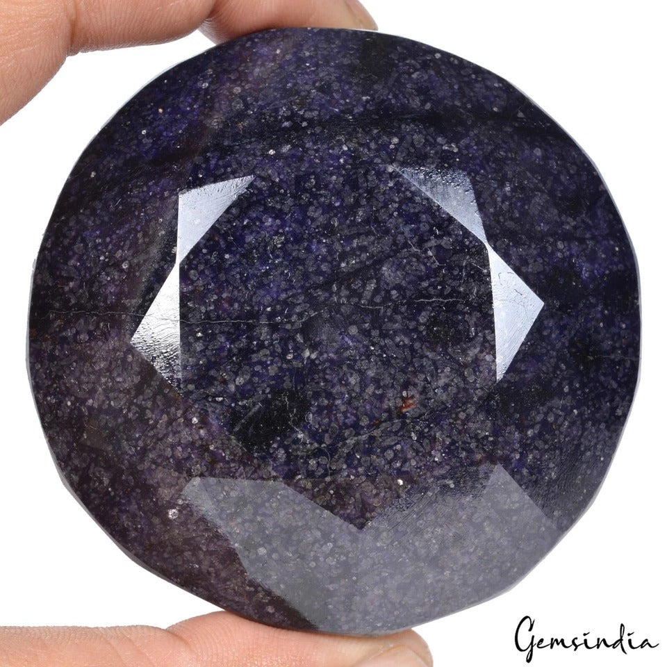 Blue Sapphire Loose Gemstone, Uneven Round Faceted cut, Color Enhanced — 77x75x45 mm, 2250 Ct